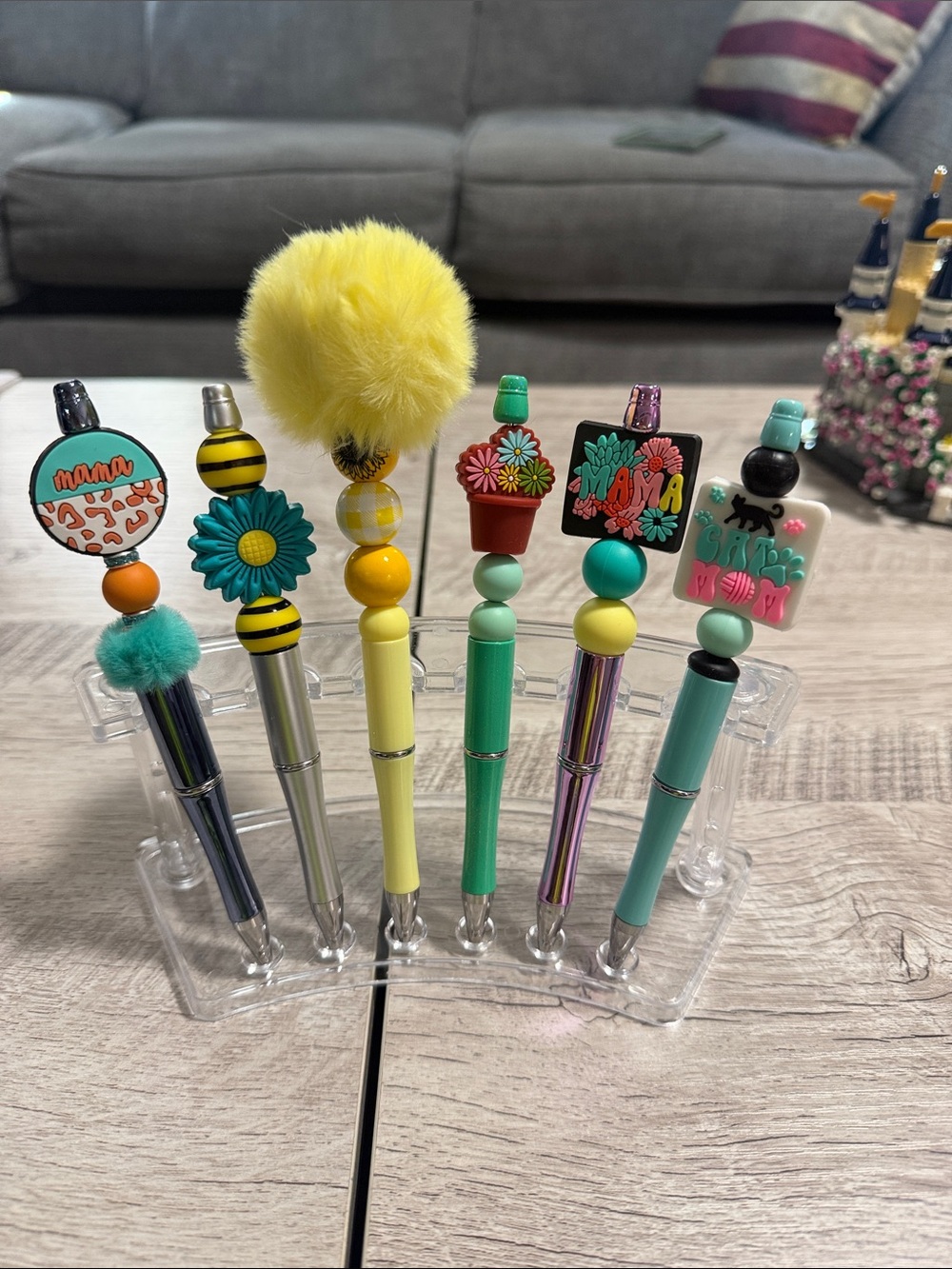 Cute Yellow & Teal Decorative black ink Pens with Pom-Pom Toppers